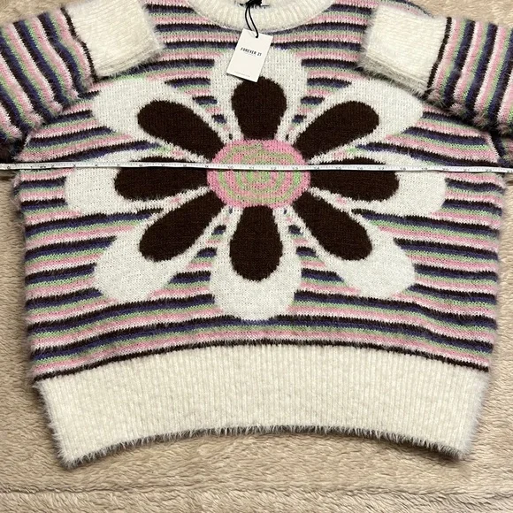 FOREVER 21 Fuzzy Striped Floral Graphic Sweater - Picture 15 of 16